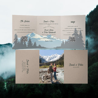 Invitación Tríptica Código QR de Boda de Bosque de Pino de Cordillera