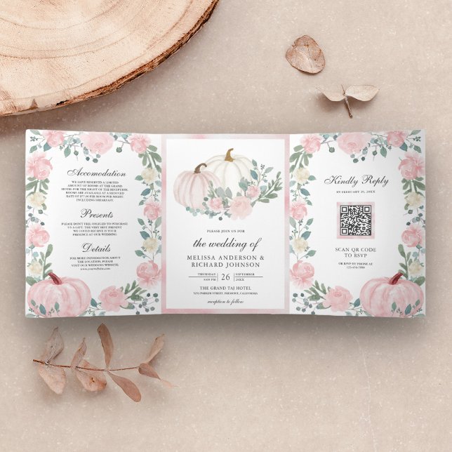 Invitación Tríptica Código QR de Boda de Calabaza Floral Rosa Rubor Rú (Subido por el creador)