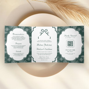 Invitación Tríptica Código QR de Boda de Encaje Blanco Esmeralda Coque