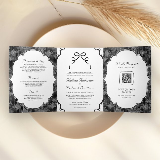 Invitación Tríptica Código QR de boda de encaje negro y blanco Coquett (Subido por el creador)