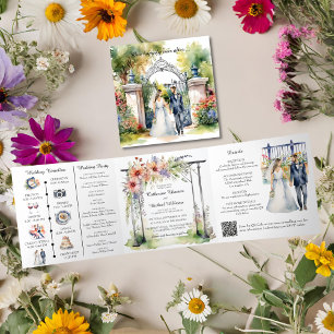 Invitación Tríptica Código QR de Boda de Flores Silvestres de Cercado 