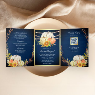 Invitación Tríptica Código QR de Boda de Madera Rústica de Girasoles y