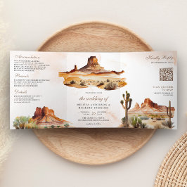 Invitación Tríptica Código QR de boda de montaña de cactus del desiert
