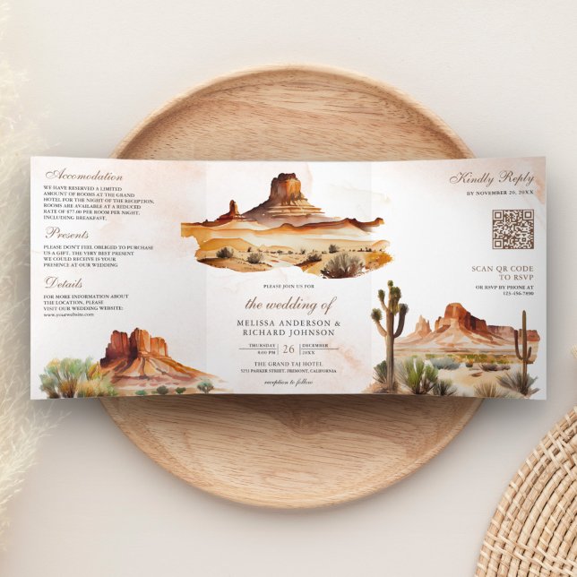 Invitación Tríptica Código QR de boda de montaña de cactus del desiert (Subido por el creador)