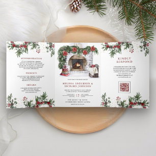 Invitación Tríptica Código QR de boda de Navidad junto a la chimenea d