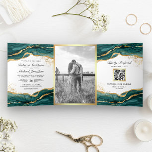 Invitación Tríptica Código QR de Boda de Tinta Abstracta Dorada Turque