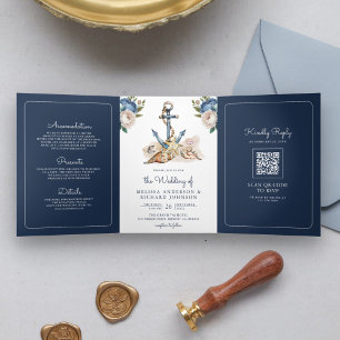 Invitación Tríptica Código QR de boda floral azul marino acuarela ancl