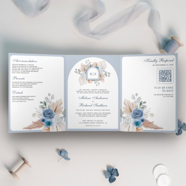Invitación Tríptica Código QR de Boda Floral Boho Dusty Blue Pampas (Subido por el creador)