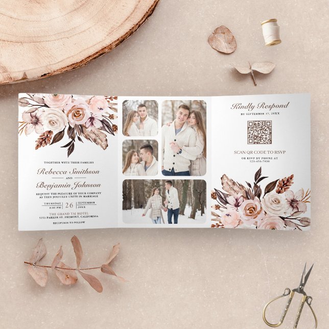 Invitación Tríptica Código QR de Boda Floral Marfil Terroso Boho Rústi (Subido por el creador)