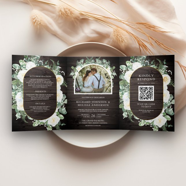 Invitación Tríptica Código QR de Boda Floral Marfil Verde Bosque Rústi (Subido por el creador)