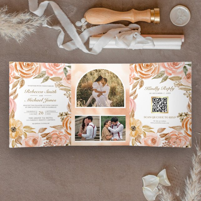 Invitación Tríptica Código QR de boda floral rústica de otoño (Subido por el creador)