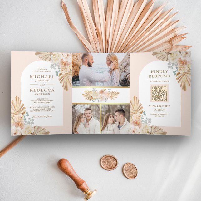 Invitación Tríptica Código QR de boda floral terroso polvoriento Boho  (Subido por el creador)