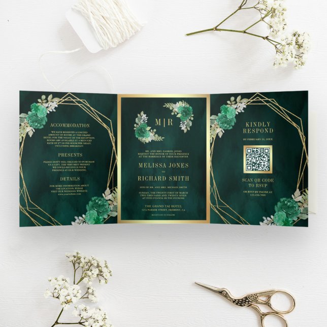 Invitación Tríptica Código QR de Boda Floral Verde Esmeralda Geométric (Subido por el creador)