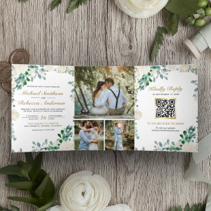 Invitación Tríptica Código QR de Boda Hojas Verdes de Salvia Floral Ma