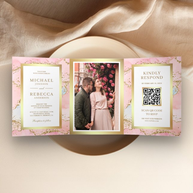 Invitación Tríptica Código QR de Boda Mármol de Ágata con Lámina de Or (Subido por el creador)