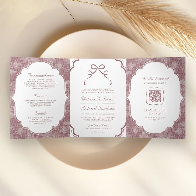 Invitación Tríptica Código QR de Boda Rosa Polvoriento Blanco Coquette (Subido por el creador)
