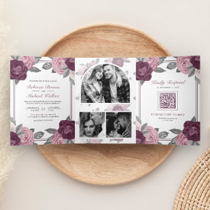 Invitación Tríptica Código QR de boda rosa púrpura malva polvoriento