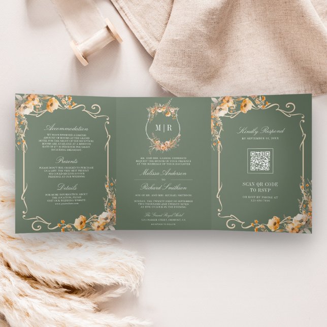 Invitación Tríptica Código QR de Boda Verde Salvia Cresta de Flor Silv (Subido por el creador)