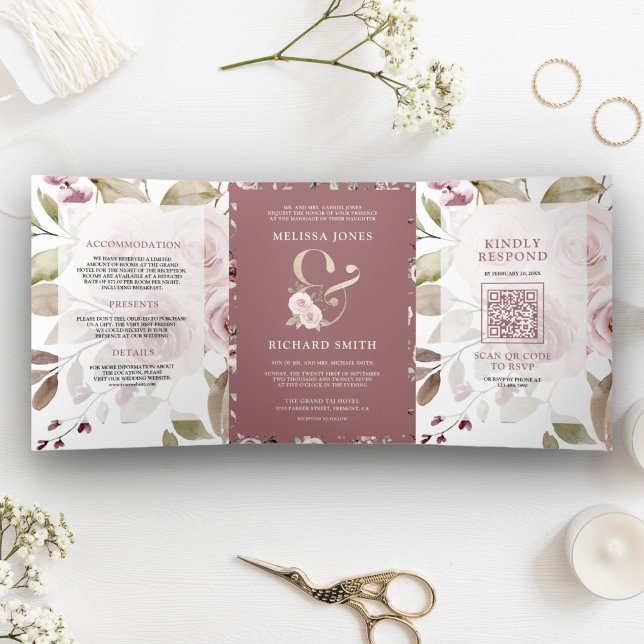 Invitación Tríptica Código QR de Bodas con Floral Ampersand Rosa Polvo (Subido por el creador)