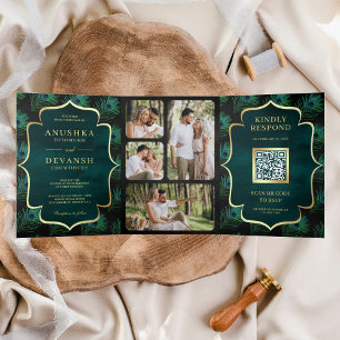 Invitación Tríptica Código QR de Bodas con Plumas de Pavo Real Negro T