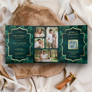 Invitación Tríptica Código QR de Bodas con Plumas de Pavo Real Verde A