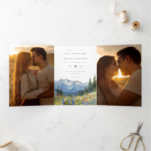Invitación Tríptica Código QR de Bodas de Foto 3 Flor Silvestre de Mon