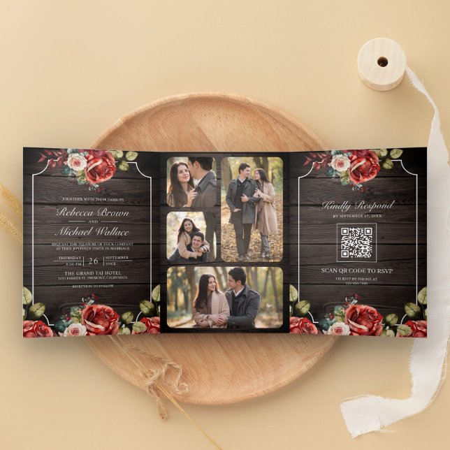 Invitación Tríptica Código QR de Bodas de Rosas Rojas de Madera Rústic (Subido por el creador)