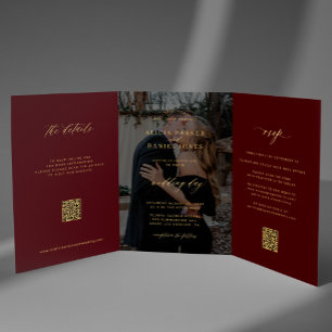 Invitación Tríptica Código QR de detalles de respuesta de boda de foto
