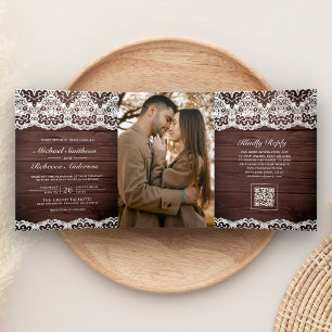Invitación Tríptica Código QR de encaje de madera de granero boda foto