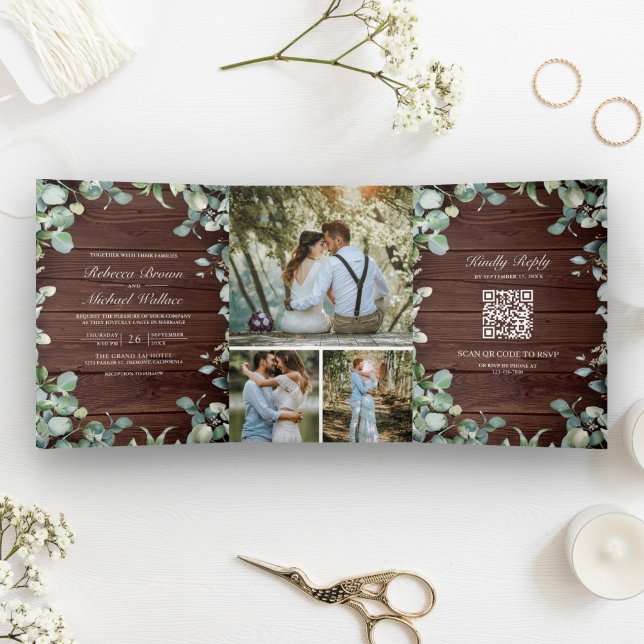Invitación Tríptica Código QR de Eucalipto Moderno Madera Rústica Boda (Subido por el creador)