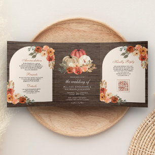 Invitación Tríptica Código QR de Flor de Calabaza Naranja Quemada Boda
