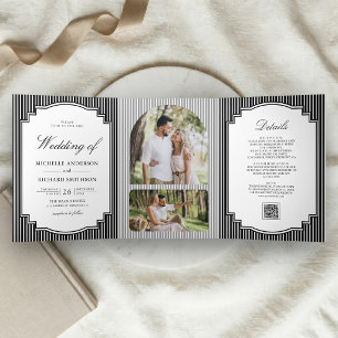 Invitación Tríptica Código QR de foto a rayas blancas y negras para bo