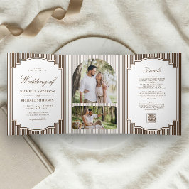 Invitación Tríptica Código QR de foto a rayas marrón chocolate Boda