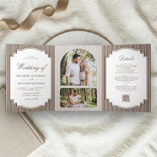 Invitación Tríptica Código QR de foto a rayas marrón chocolate Boda