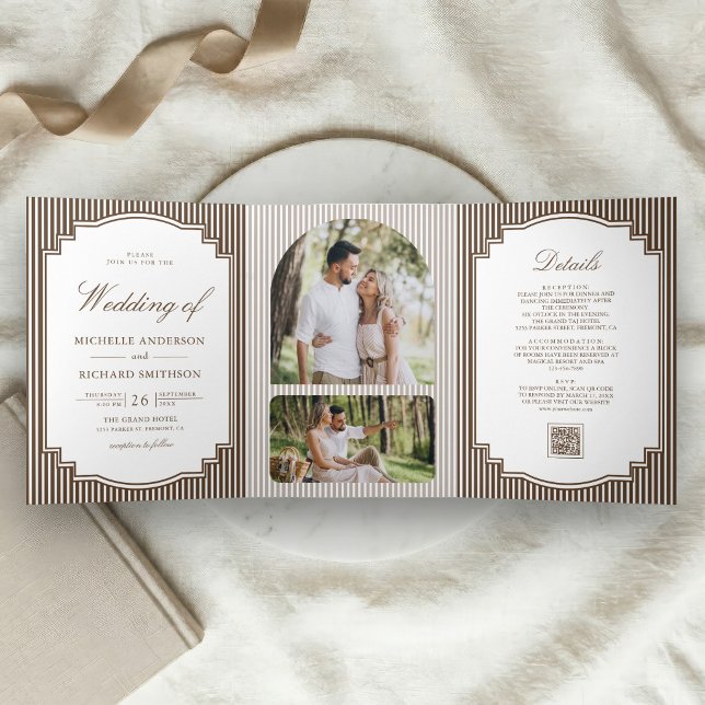 Invitación Tríptica Código QR de foto a rayas marrón chocolate Boda (Subido por el creador)