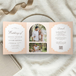 Invitación Tríptica Código QR de foto a rayas naranja clásico boda