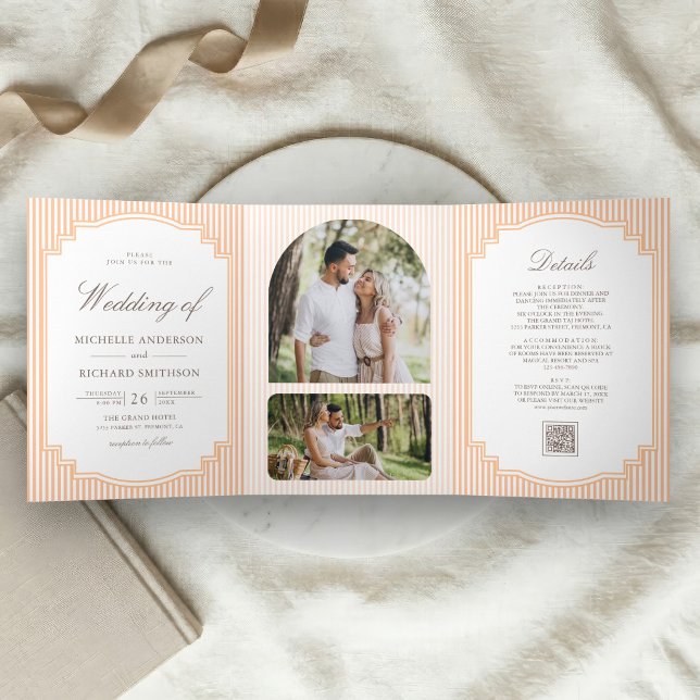 Invitación Tríptica Código QR de foto a rayas naranja clásico boda (Subido por el creador)