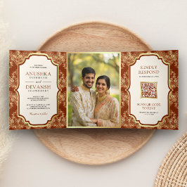 Invitación Tríptica Código QR de Foto Bodas Indias Naranja Oxidado Enc