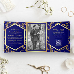 Invitación Tríptica Código QR de Foto con Florecimiento Dorado Azul Re