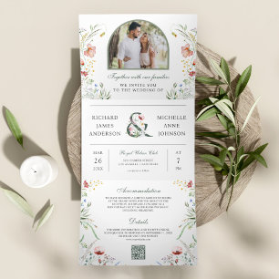 Invitación Tríptica Código QR de foto de arco de flores silvestres par