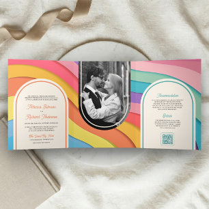 Invitación Tríptica Código QR de Foto de Arcoíris Colorido Retro para 
