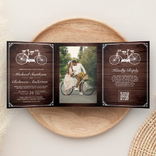 Invitación Tríptica Código QR de foto de bicicleta tándem de madera de