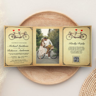 Invitación Tríptica Código QR de foto de bicicleta tándem vintage lind