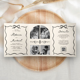 Invitación Tríptica Código QR de foto de boda de crema negra dibujado 