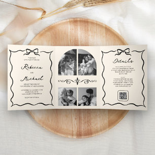 Invitación Tríptica Código QR de foto de boda de crema negra dibujado 