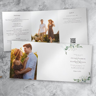Invitación Tríptica Código QR de foto de boda de eucalipto Todo en uno