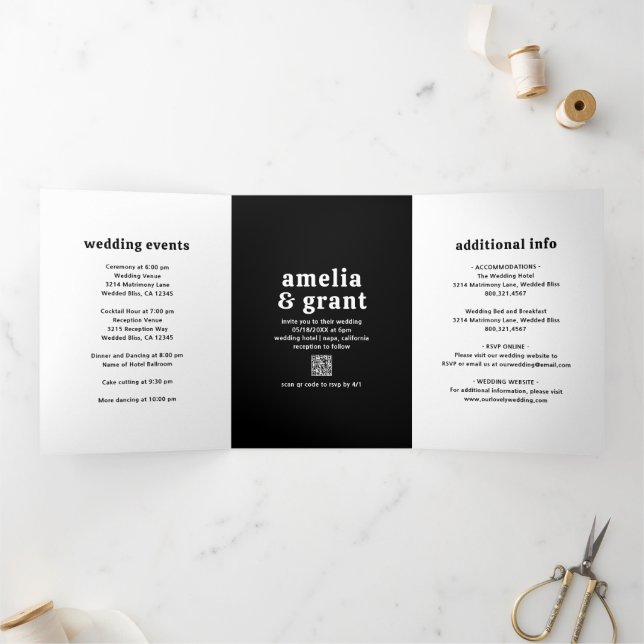 Invitación Tríptica Código QR de foto de boda moderna con fuente retro (Interior)