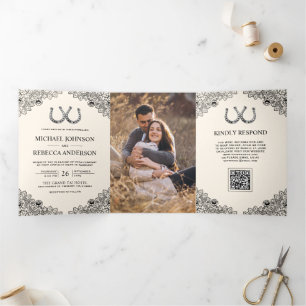 Invitación Tríptica Código QR de foto de encaje de herraduras de boda