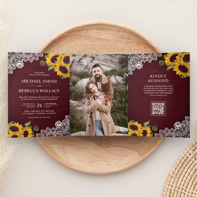 Invitación Tríptica Código QR de Foto de Girasol de Encaje de Madera d (Subido por el creador)
