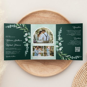 Invitación Tríptica Código QR de foto de rama de eucalipto Boda esmera